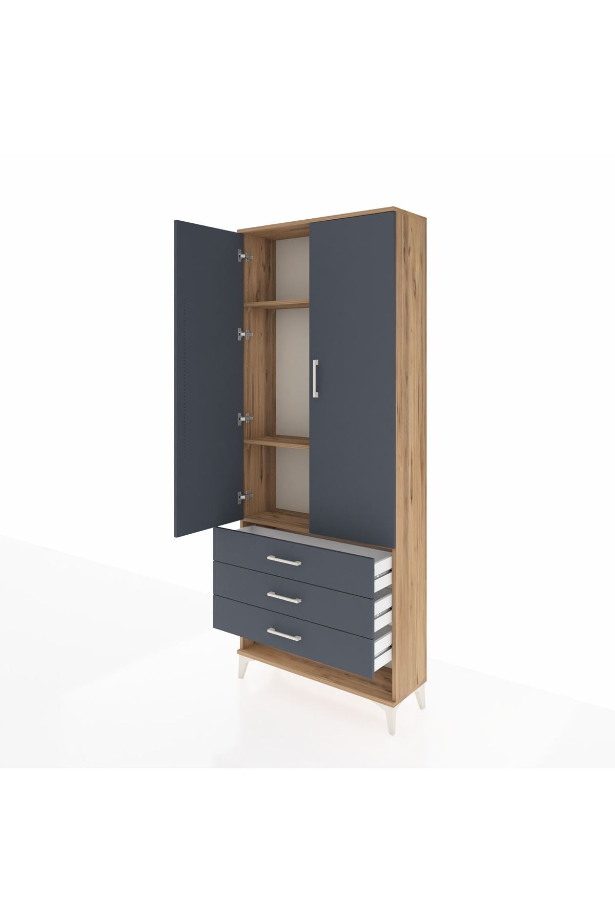Arges Dolap 3 Raflı 3 Çekmeceli 2 Kapaklı 88x30x221 Çam-Antrasit