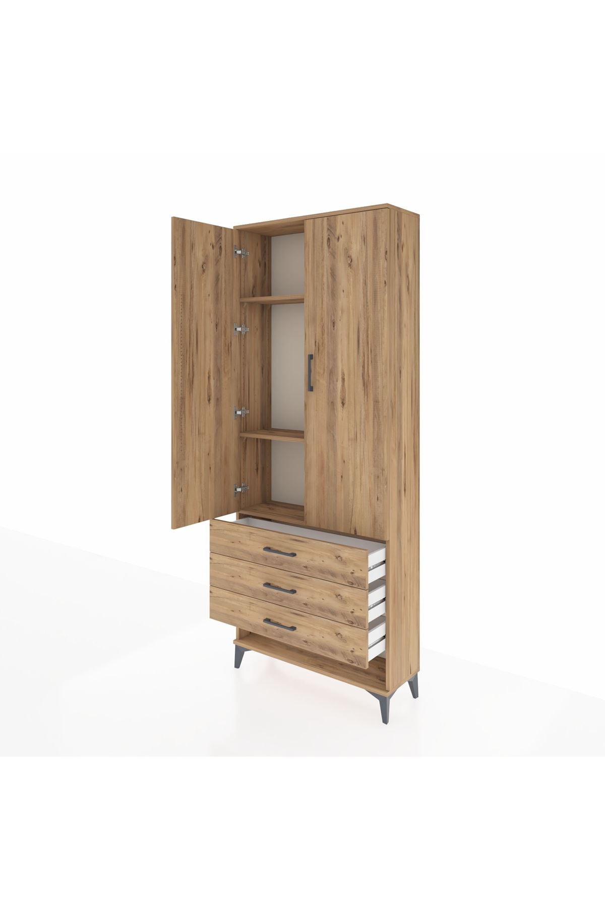 Arges Dolap 3 Raflı 3 Çekmeceli 2 Kapaklı 88x30x221 Çam-Çam