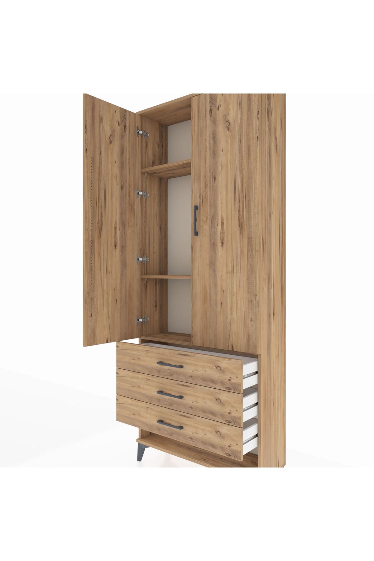 Arges Dolap 3 Raflı 3 Çekmeceli 2 Kapaklı 88x30x221 Çam-Çam