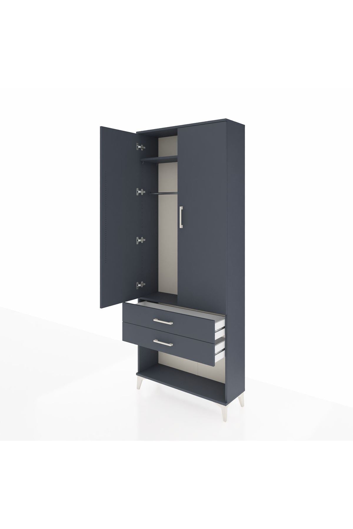 Arges Dolap 2 Raflı 2 Çekmeceli Tek Askılı 88x30x221 Antrasit-Antrasit