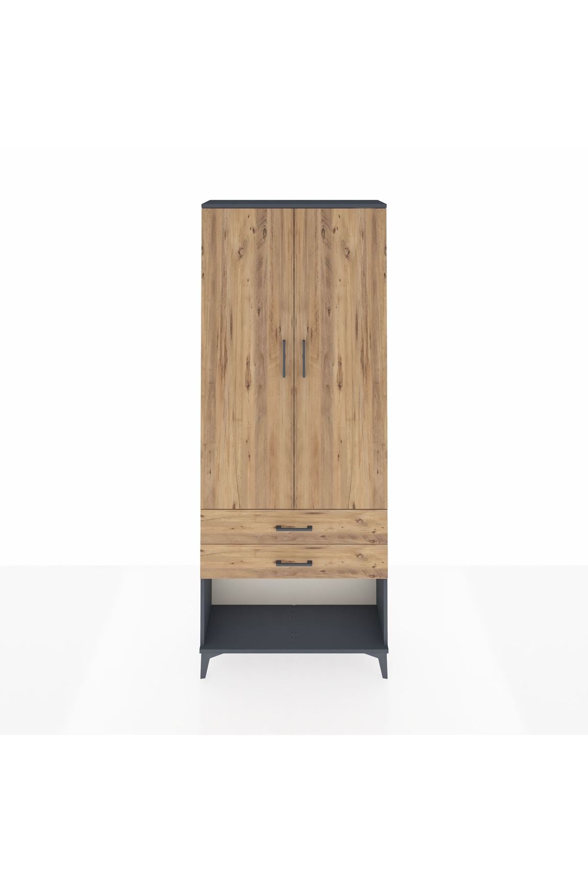 Arges Dolap 2 Raflı 2 Çekmeceli Tek Askılı 88x30x221 Antrasit-Çam