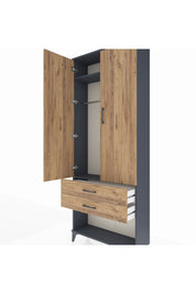 Arges Dolap 2 Raflı 2 Çekmeceli Tek Askılı 88x30x221 Antrasit-Çam