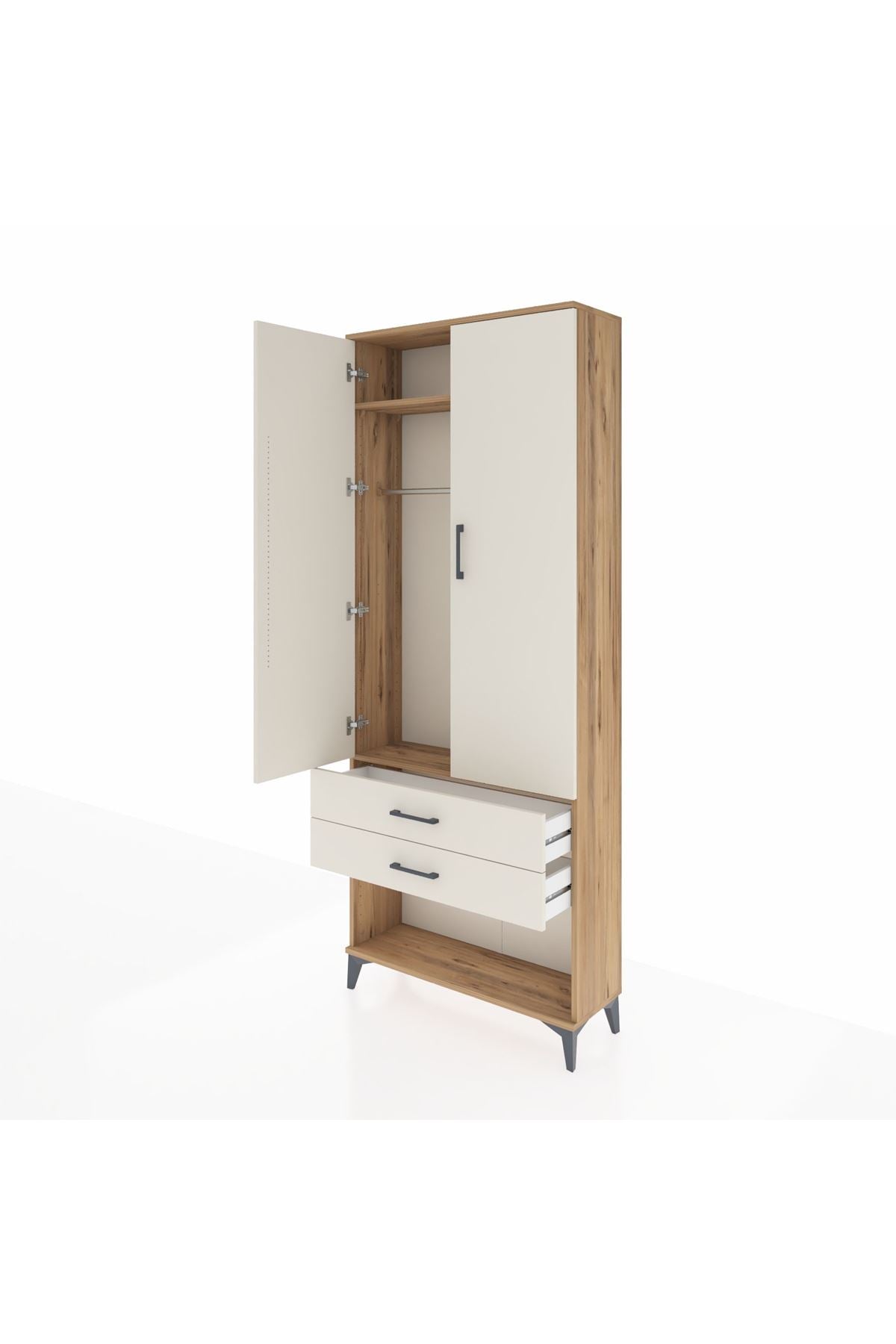 Arges Dolap 2 Raflı 2 Çekmeceli Tek Askılı 88x30x221 Çam-Aytaşı