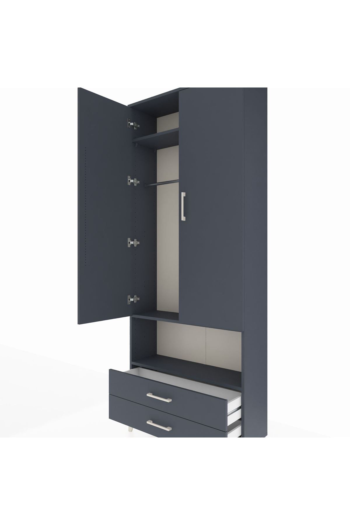 Arges Dolap 3 Raflı 2 Çekmeceli Tek Askılı 88x30x221 Antrasit-Antrasit