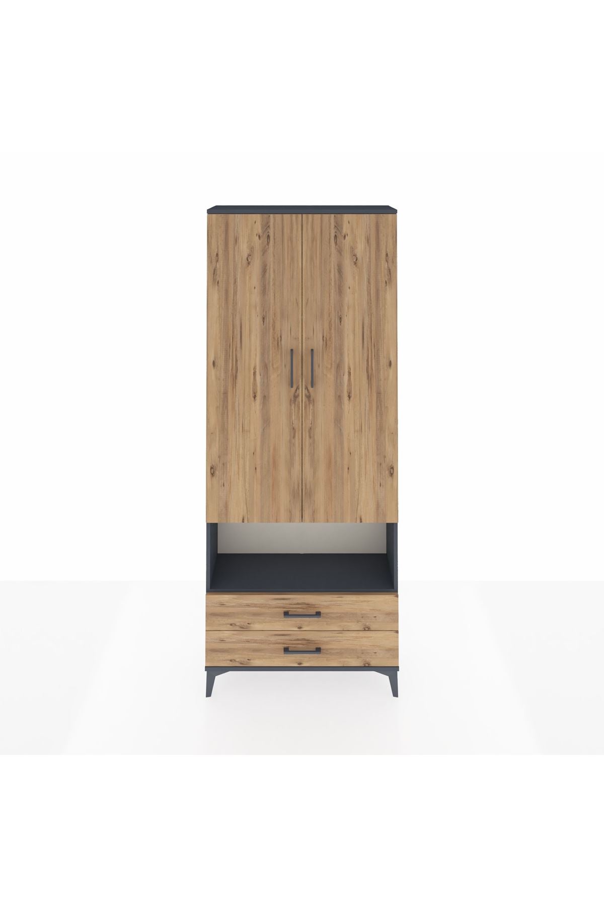 Arges Dolap 3 Raflı 2 Çekmeceli Tek Askılı 88x30x221 Antrasit-Çam