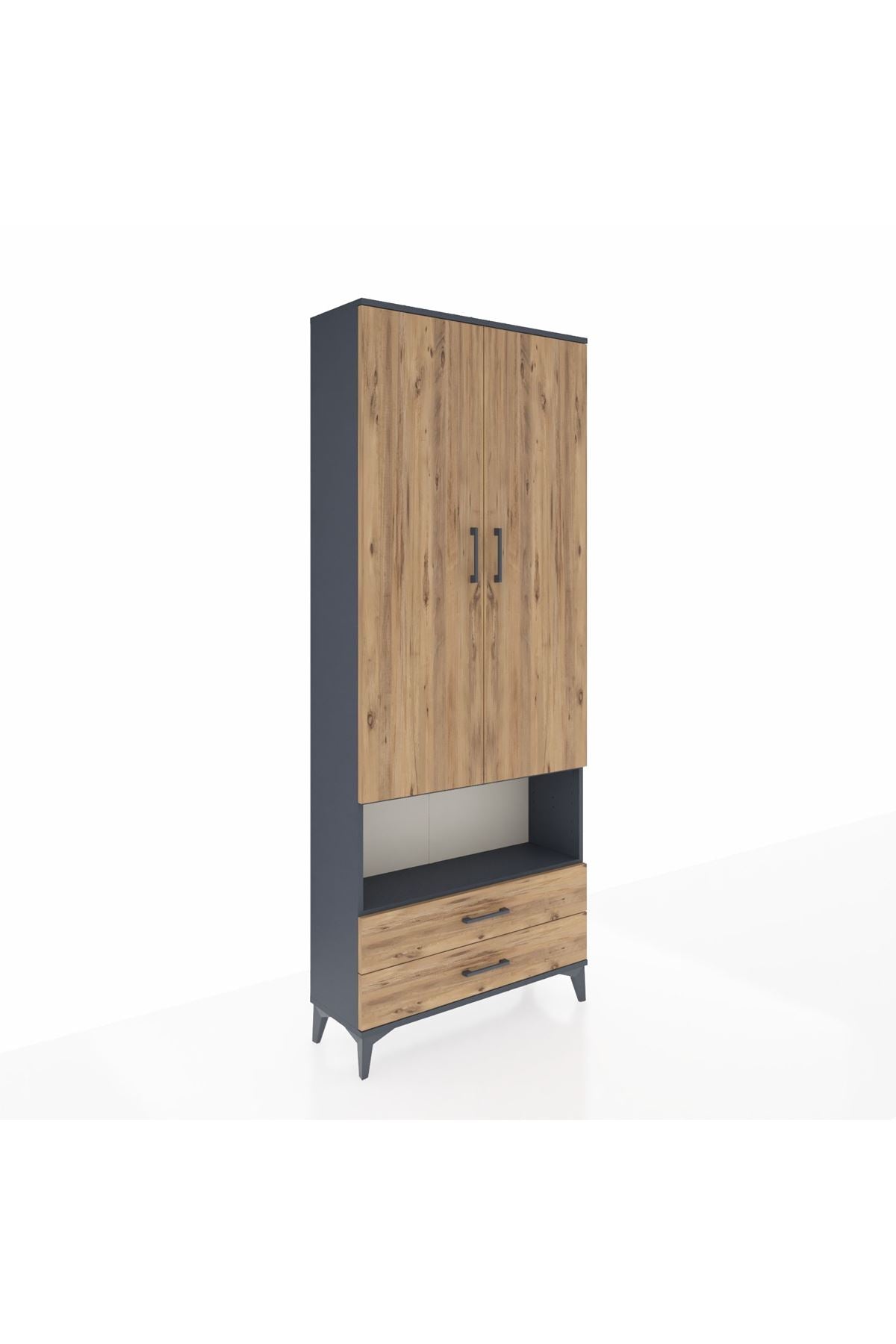 Arges Dolap 3 Raflı 2 Çekmeceli Tek Askılı 88x30x221 Antrasit-Çam