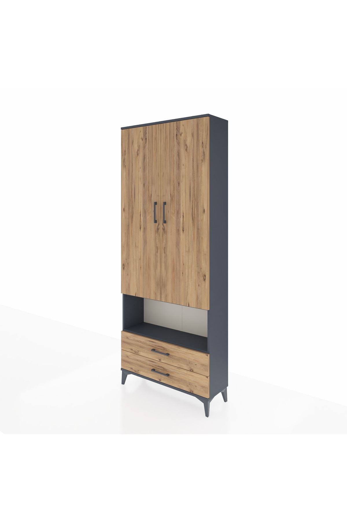 Arges Dolap 3 Raflı 2 Çekmeceli Tek Askılı 88x30x221 Antrasit-Çam