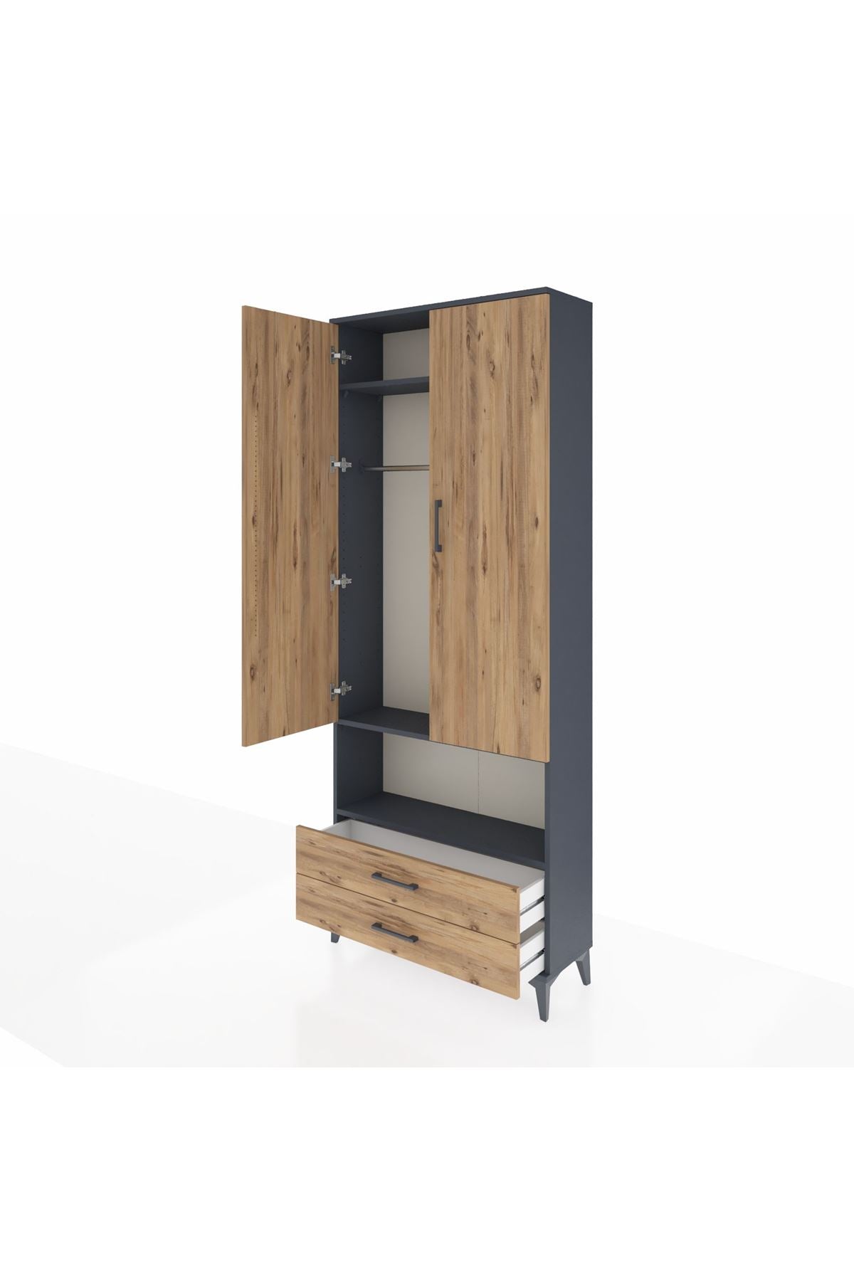 Arges Dolap 3 Raflı 2 Çekmeceli Tek Askılı 88x30x221 Antrasit-Çam