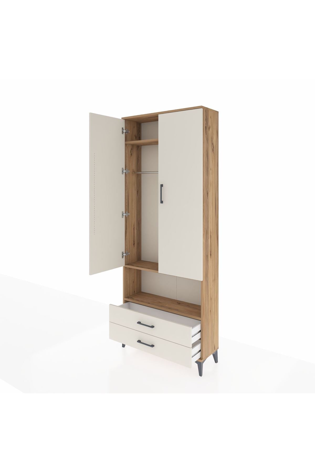 Arges Dolap 3 Raflı 2 Çekmeceli Tek Askılı 88x30x221 Çam-Aytaşı