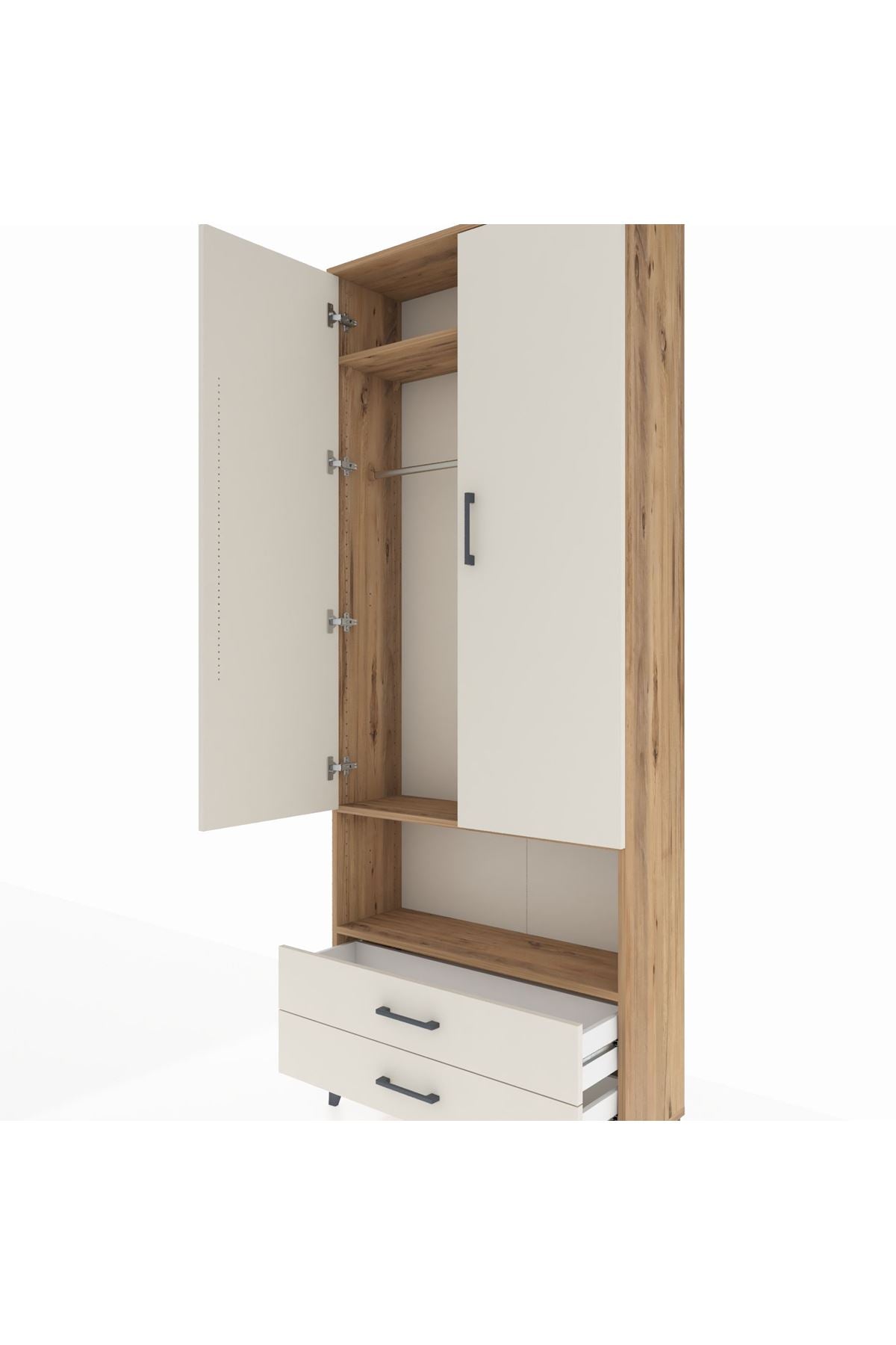 Arges Dolap 3 Raflı 2 Çekmeceli Tek Askılı 88x30x221 Çam-Aytaşı