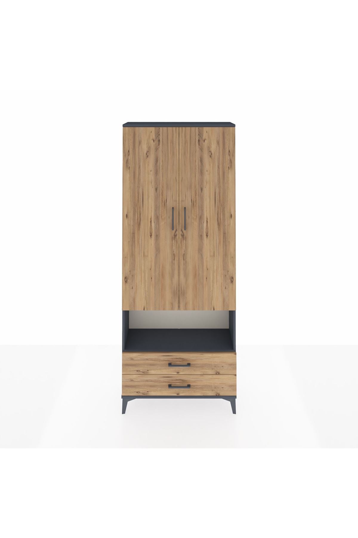 Arges Dolap 4 Raflı 2 Çekmeceli 2 Kapaklı 88x30x221 Antrasit-Çam