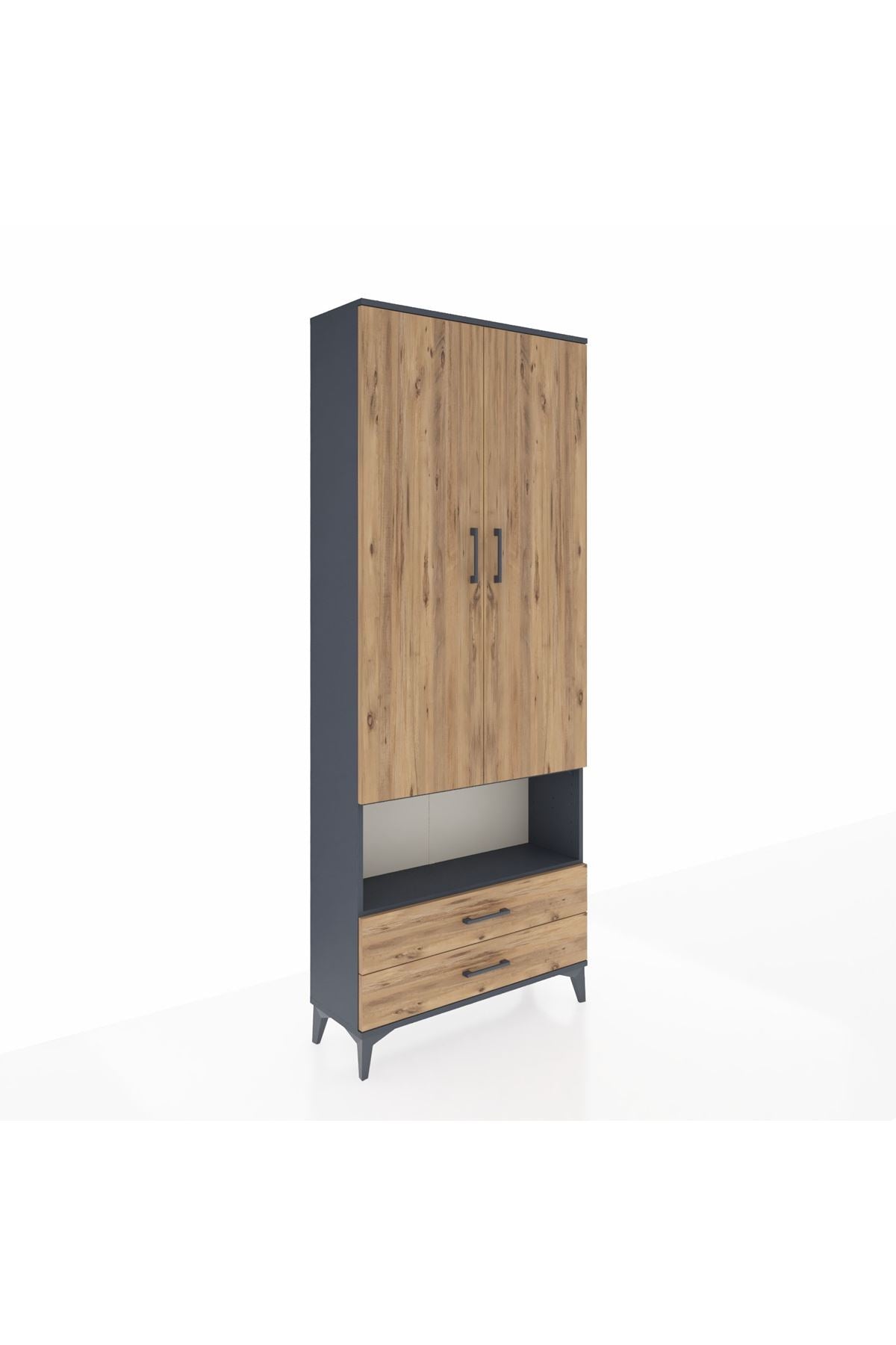 Arges Dolap 4 Raflı 2 Çekmeceli 2 Kapaklı 88x30x221 Antrasit-Çam