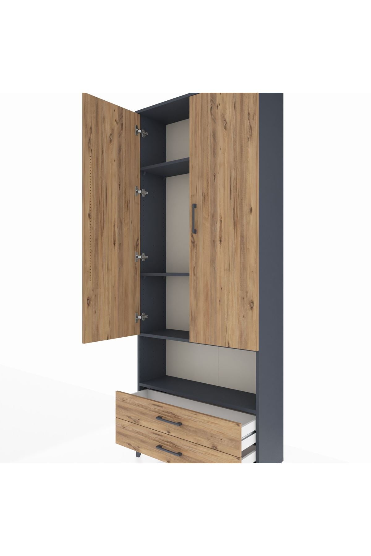 Arges Dolap 4 Raflı 2 Çekmeceli 2 Kapaklı 88x30x221 Antrasit-Çam