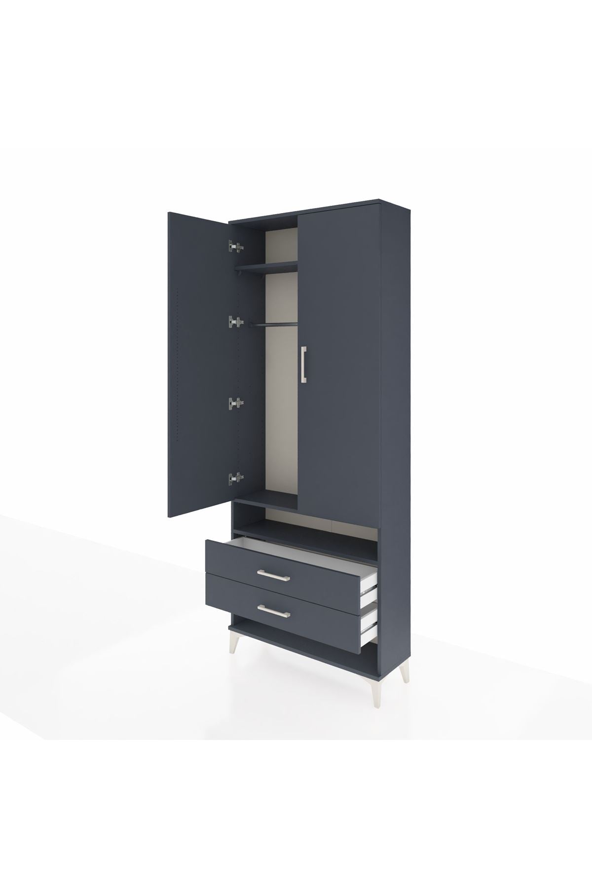 Arges Dolap 3 Raflı 2 Çekmeceli Tek Askılı 88x30x221 Antrasit-Antrasit