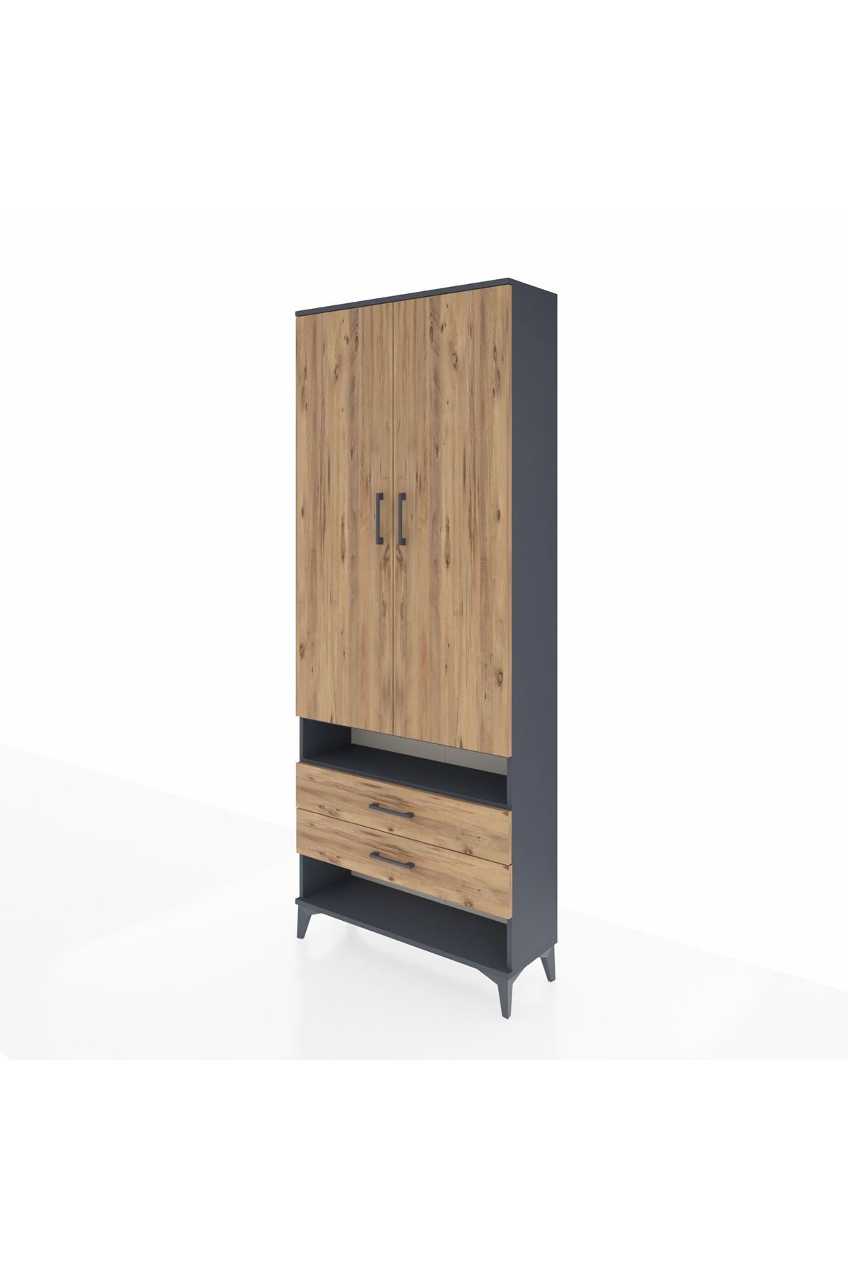 Arges Dolap 3 Raflı 2 Çekmeceli Tek Askılı 88x30x221 Antrasit-Çam