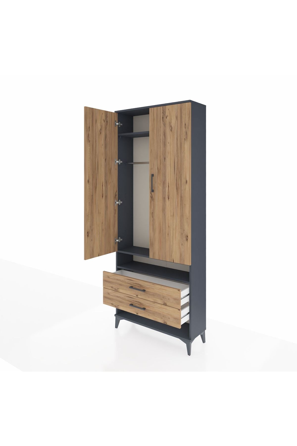 Arges Dolap 3 Raflı 2 Çekmeceli Tek Askılı 88x30x221 Antrasit-Çam