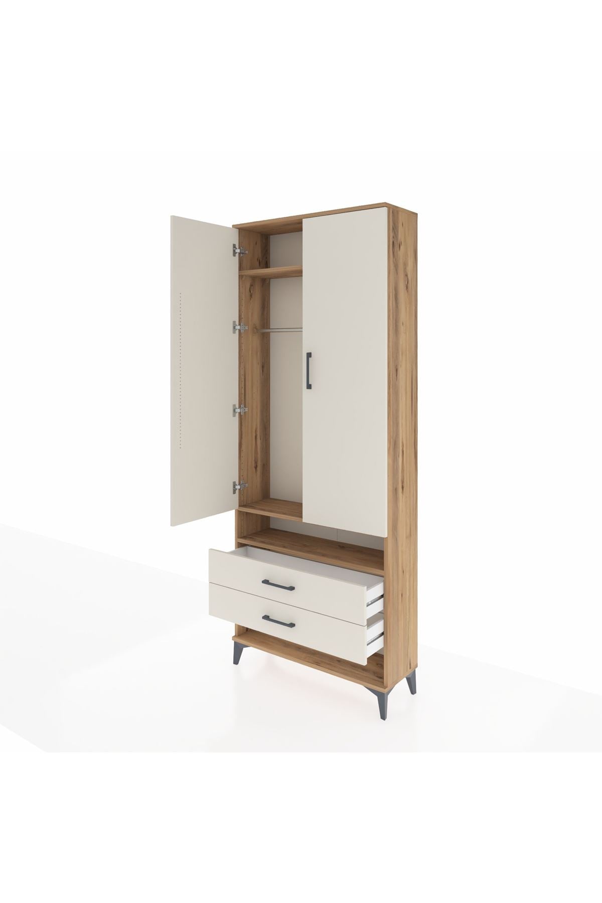 Arges Dolap 3 Raflı 2 Çekmeceli Tek Askılı 88x30x221 Çam-Aytaşı