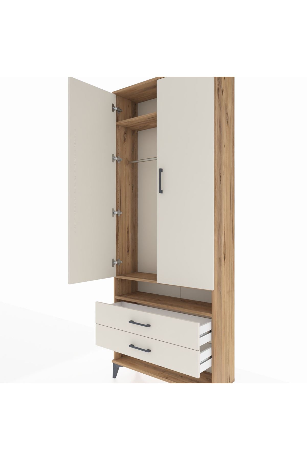Arges Dolap 3 Raflı 2 Çekmeceli Tek Askılı 88x30x221 Çam-Aytaşı