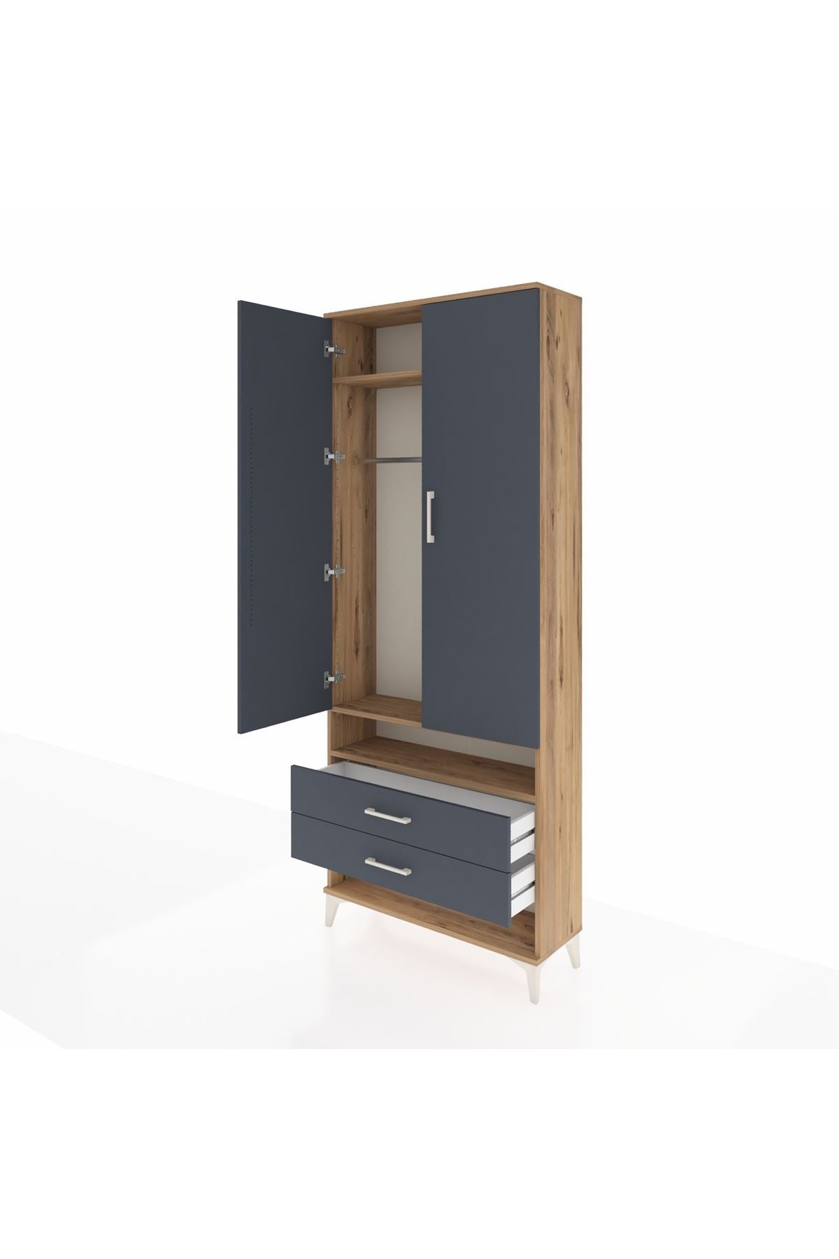 Arges Dolap 3 Raflı 2 Çekmeceli Tek Askılı 88x30x221 Çam-Antrasit