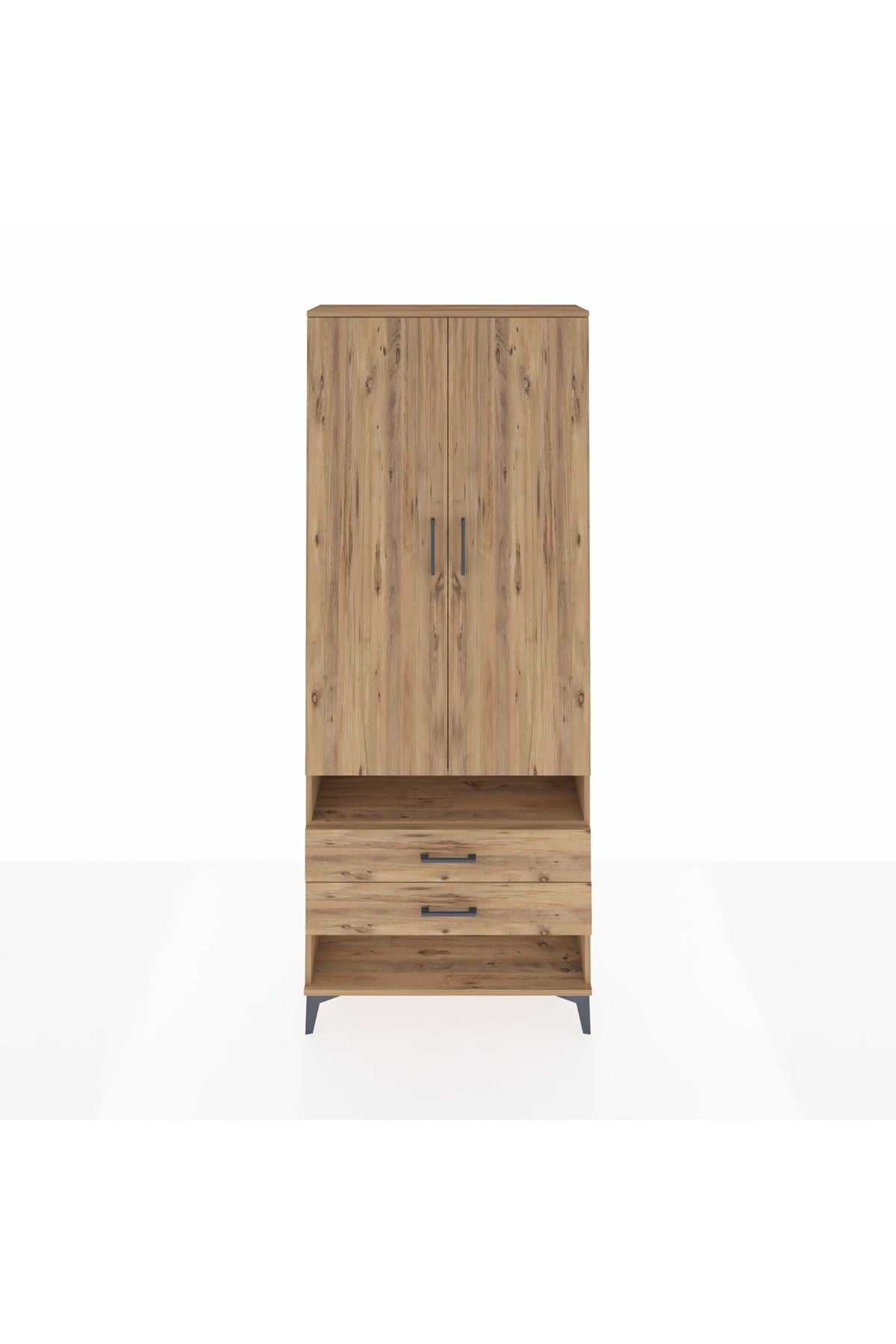 Arges Dolap 3 Raflı 2 Çekmeceli Tek Askılı 88x30x221 Çam-Çam