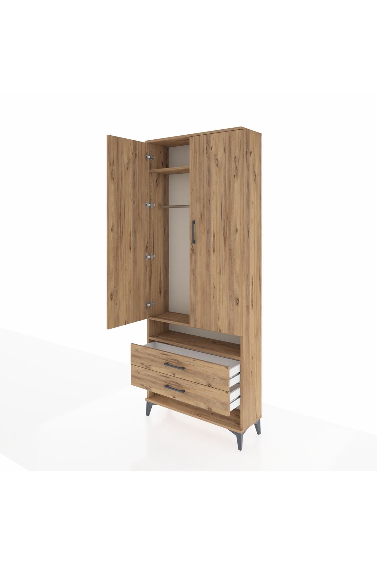 Arges Dolap 3 Raflı 2 Çekmeceli Tek Askılı 88x30x221 Çam-Çam