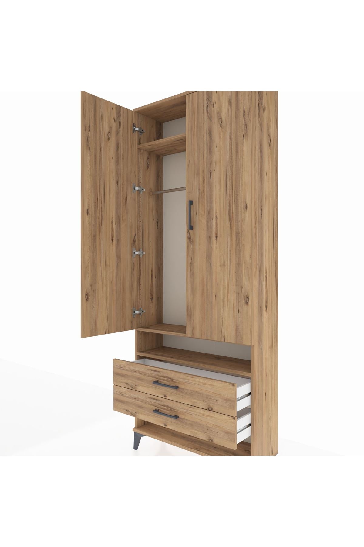 Arges Dolap 3 Raflı 2 Çekmeceli Tek Askılı 88x30x221 Çam-Çam