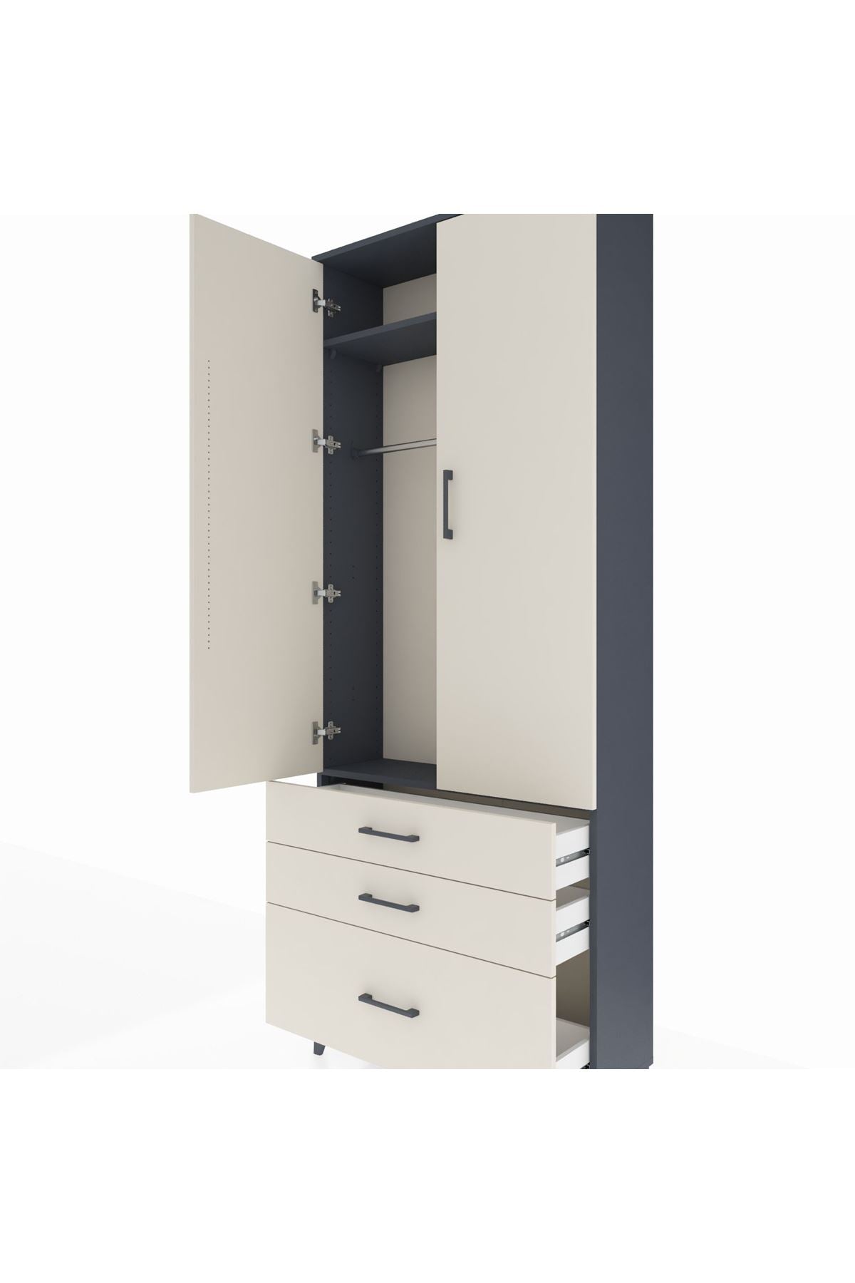 Arges Dolap 2 Raflı 3 Çekmeceli Tek Askılı 88x30x221 Antrasit-Aytaşı