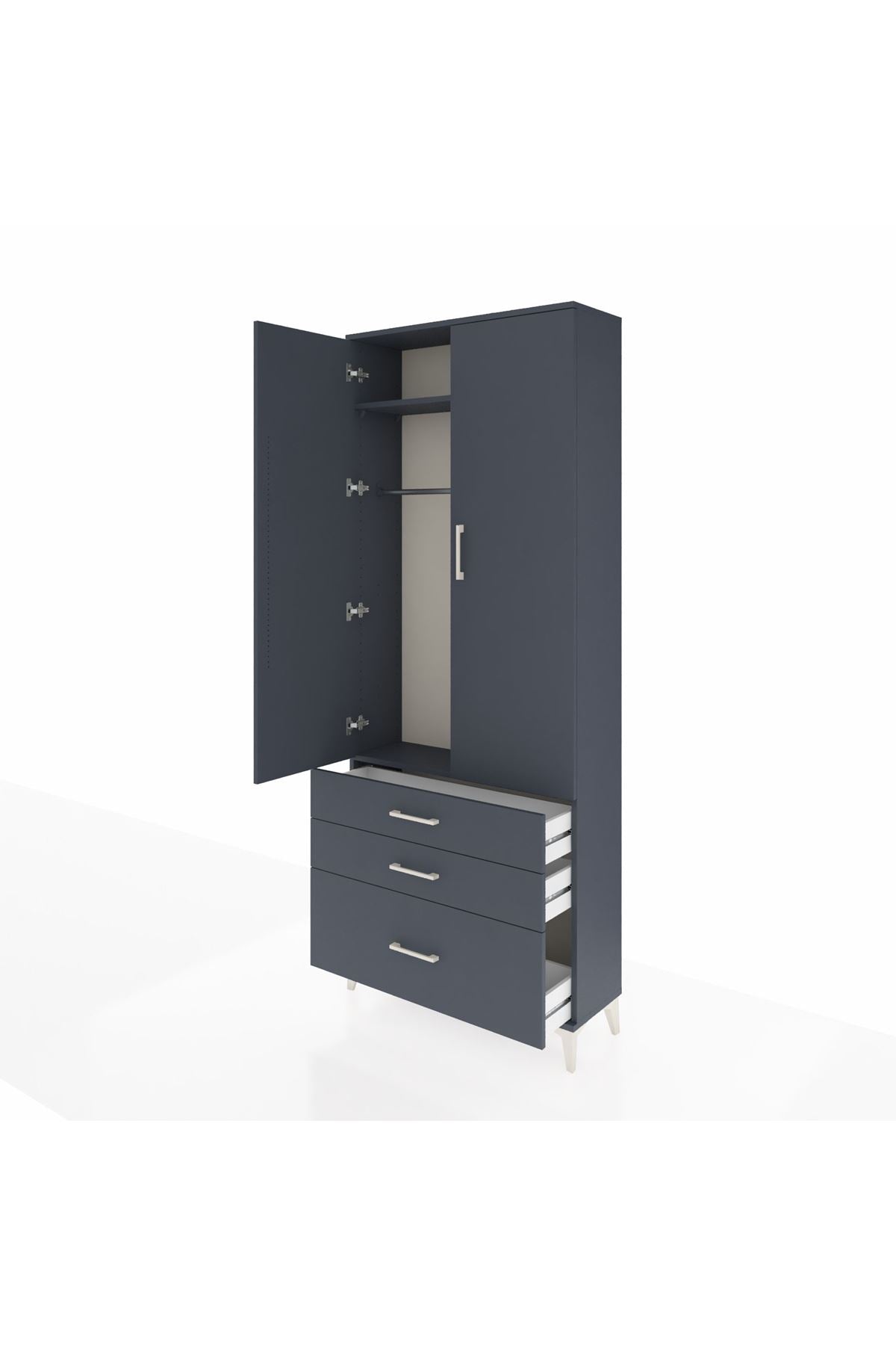 Arges Dolap 2 Raflı 3 Çekmeceli Tek Askılı 88x30x221 Antrasit-Antrasit