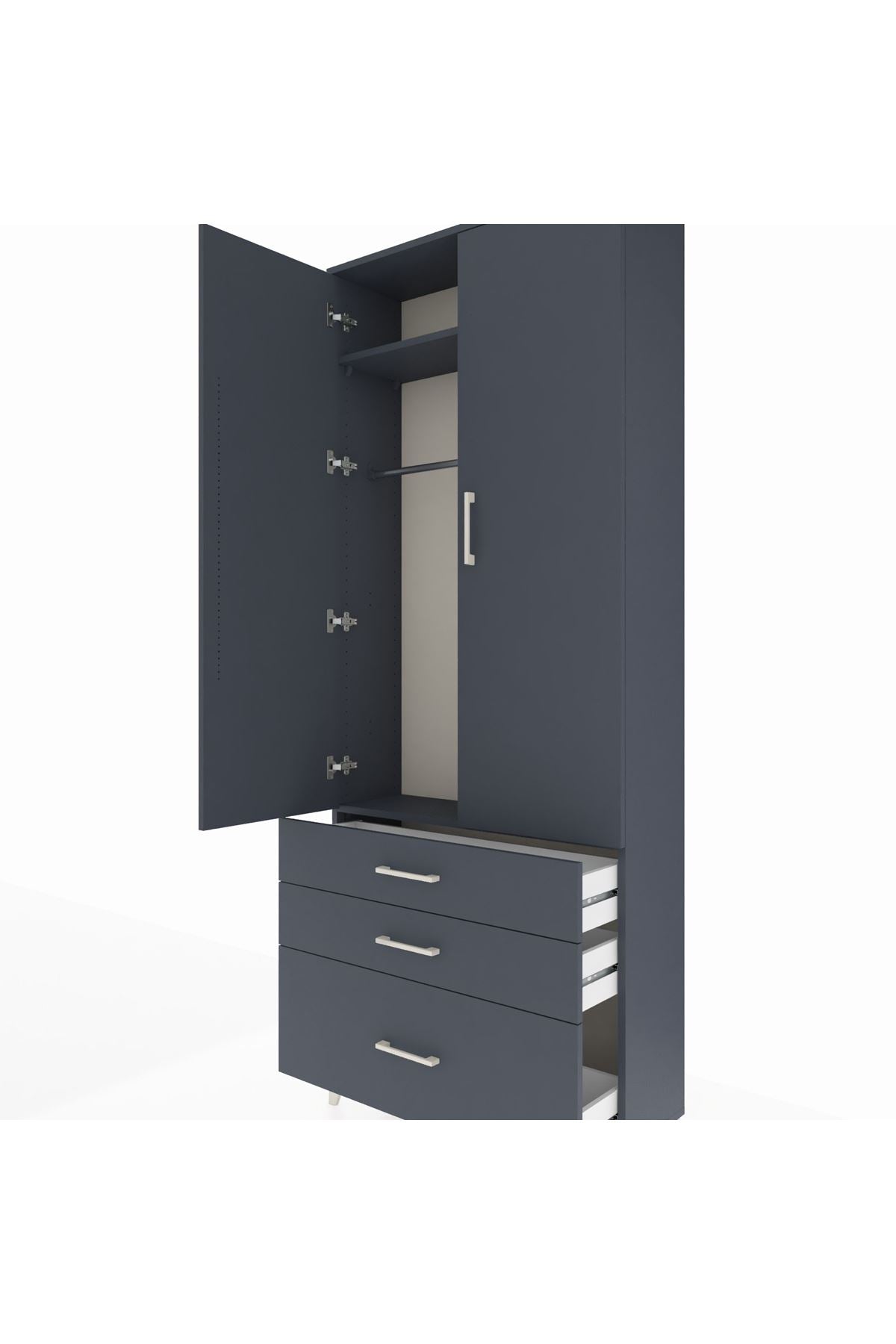 Arges Dolap 2 Raflı 3 Çekmeceli Tek Askılı 88x30x221 Antrasit-Antrasit