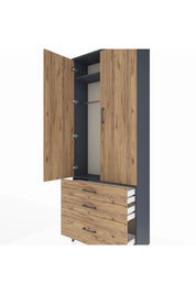 Arges Dolap 2 Raflı 3 Çekmeceli Tek Askılı 88x30x221 Antrasit-Çam