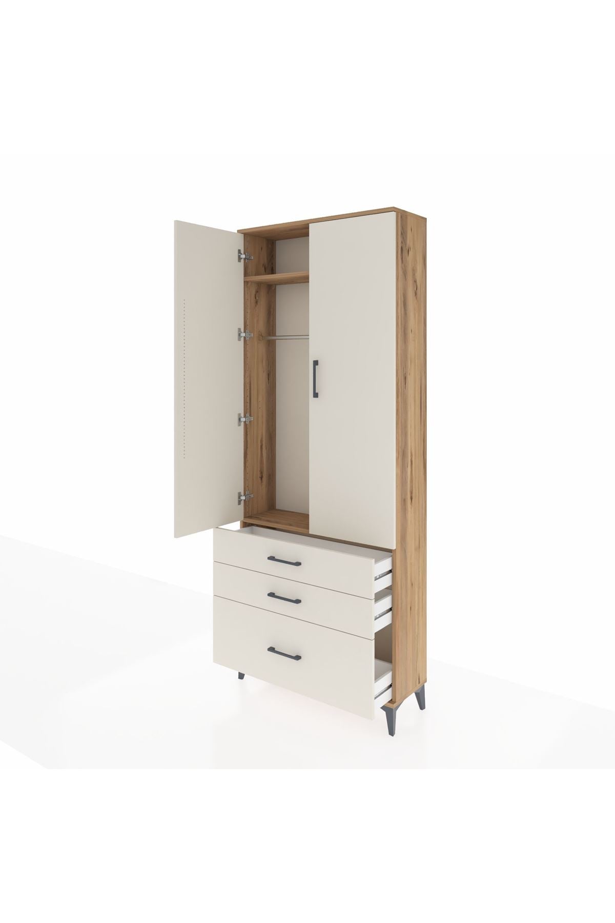 Arges Dolap 2 Raflı 3 Çekmeceli Tek Askılı 88x30x221 Çam-Aytaşı