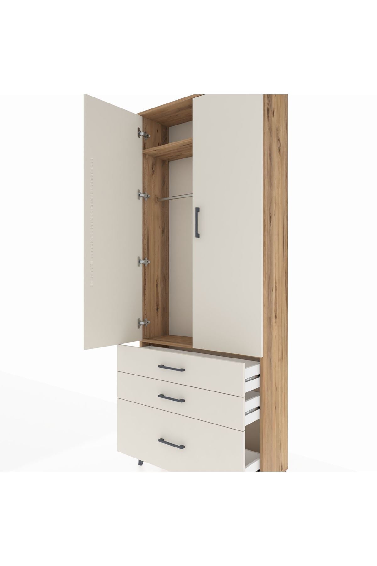 Arges Dolap 2 Raflı 3 Çekmeceli Tek Askılı 88x30x221 Çam-Aytaşı