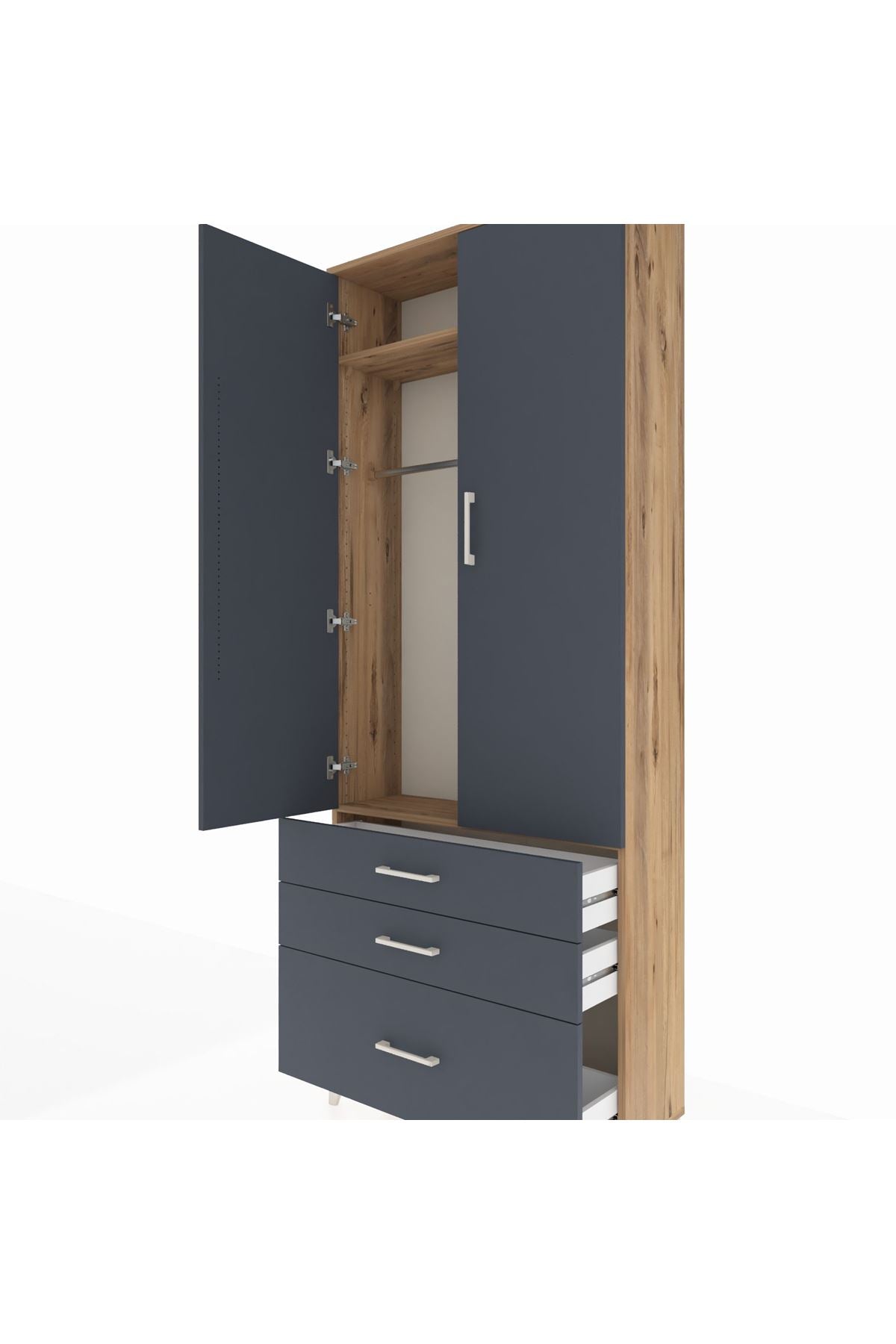 Arges Dolap 2 Raflı 3 Çekmeceli Tek Askılı 88x30x221 Çam-Antrasit