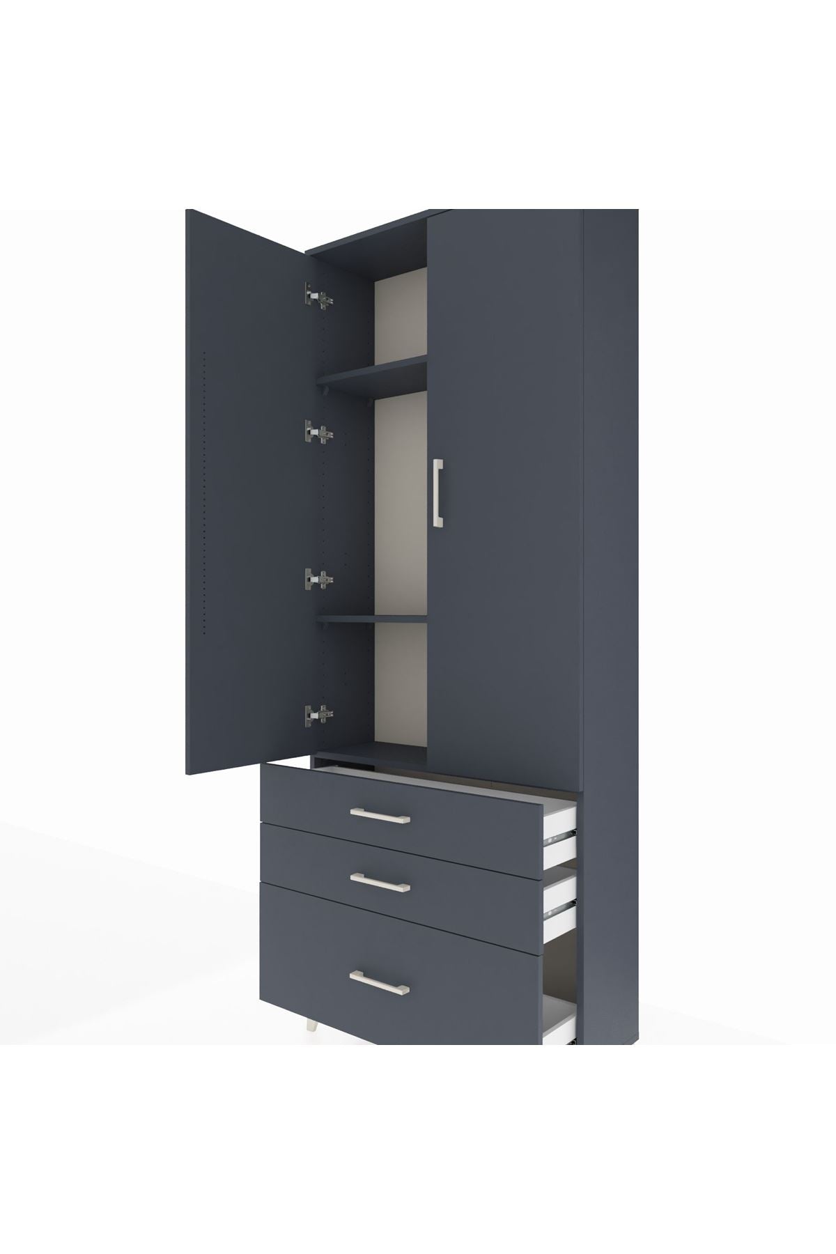 Arges Dolap 3 Raflı 3 Çekmeceli 2 Kapaklı 88x30x221 Antrasit-Antrasit