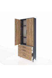 Arges Dolap 3 Raflı 3 Çekmeceli 2 Kapaklı 88x30x221 Antrasit-Çam