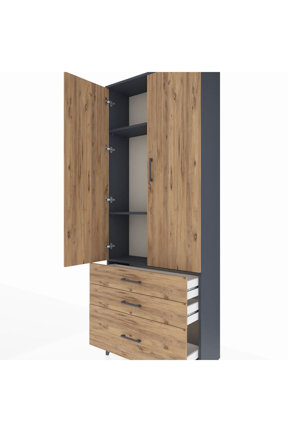 Arges Dolap 3 Raflı 3 Çekmeceli 2 Kapaklı 88x30x221 Antrasit-Çam