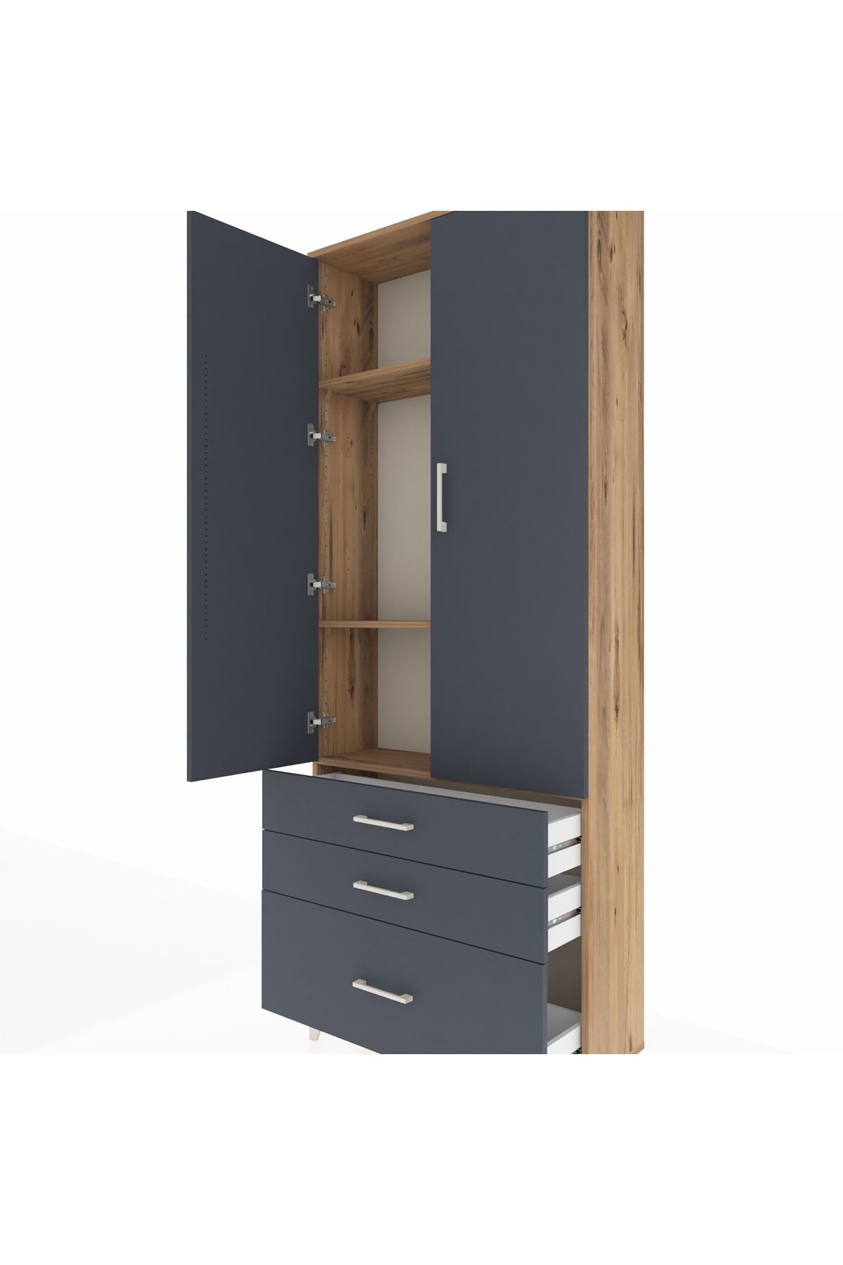 Arges Dolap 3 Raflı 3 Çekmeceli 2 Kapaklı 88x30x221 Çam-Antrasit