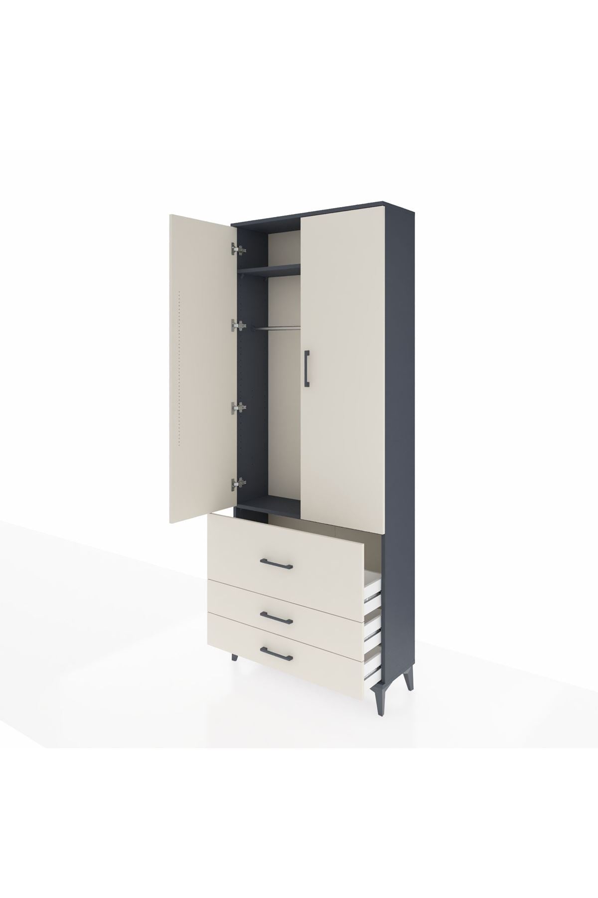 Arges Dolap 2 Raflı 3 Çekmeceli Tek Askılı 88x30x221 Antrasit-Aytaşı