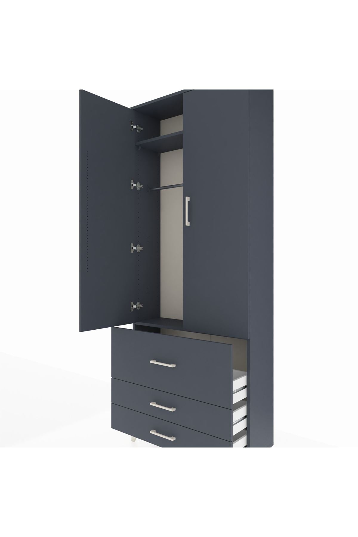 Arges Dolap 2 Raflı 3 Çekmeceli Tek Askılı 88x30x221 Antrasit-Antrasit