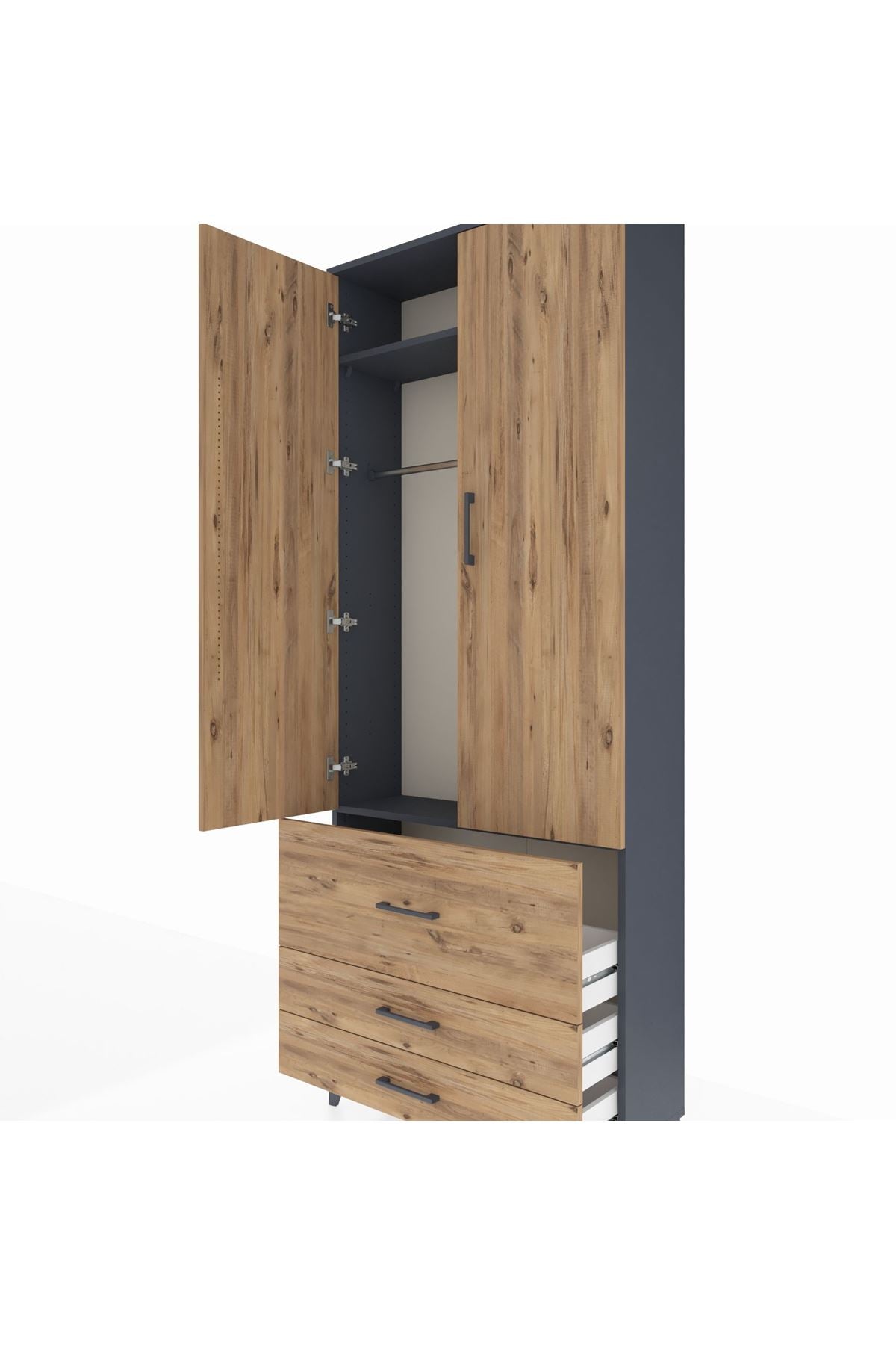 Arges Dolap 2 Raflı 3 Çekmeceli Tek Askılı 88x30x221 Antrasit-Çam