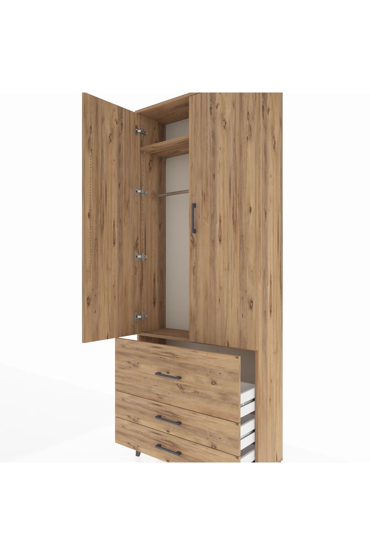 Arges Dolap 2 Raflı 3 Çekmeceli Tek Askılı 88x30x221 Çam-Çam