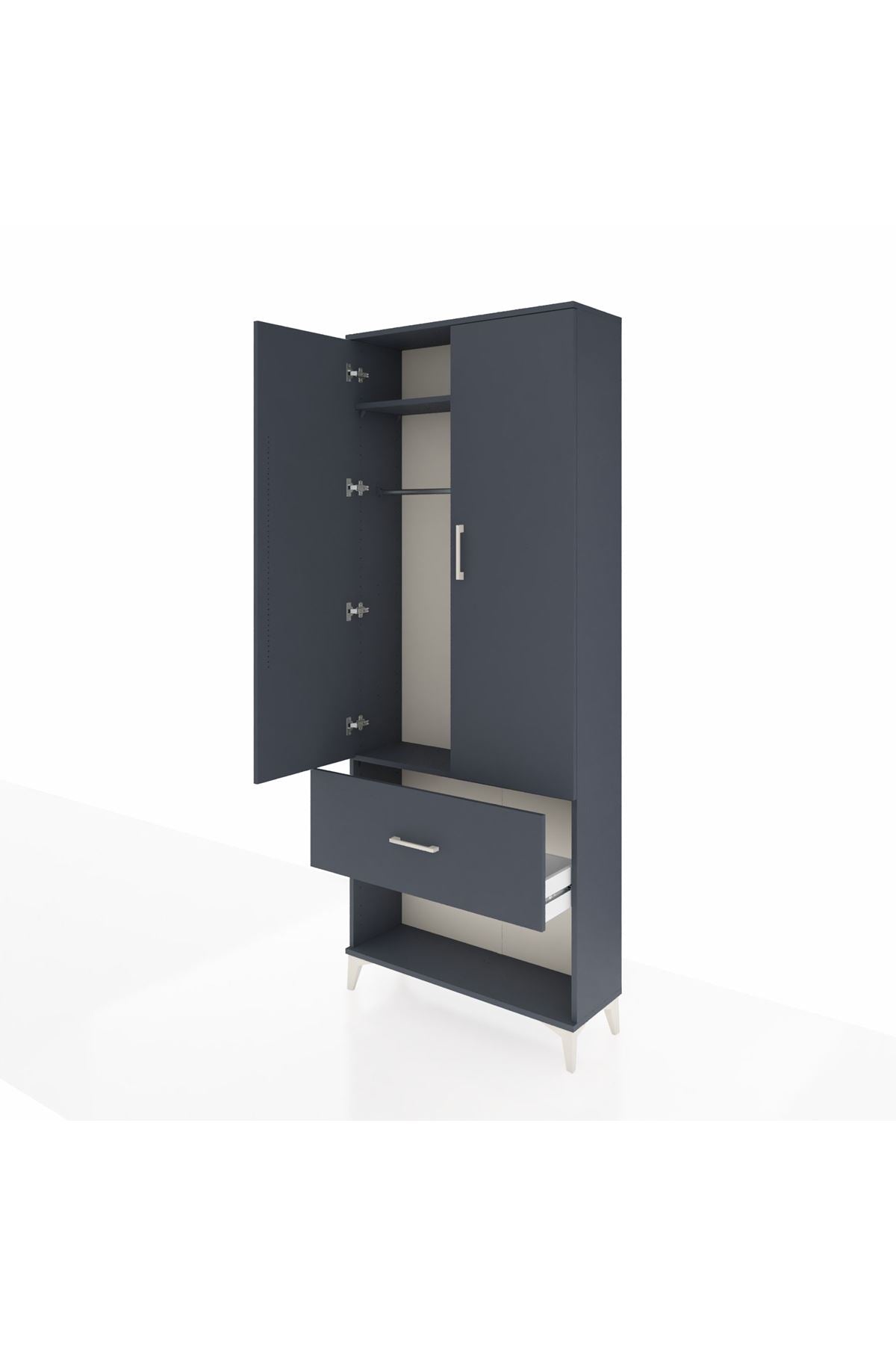 Arges Dolap 2 Raflı Tek Çekmeceli Tek Askılı 88x30x221 Antrasit-Antrasit