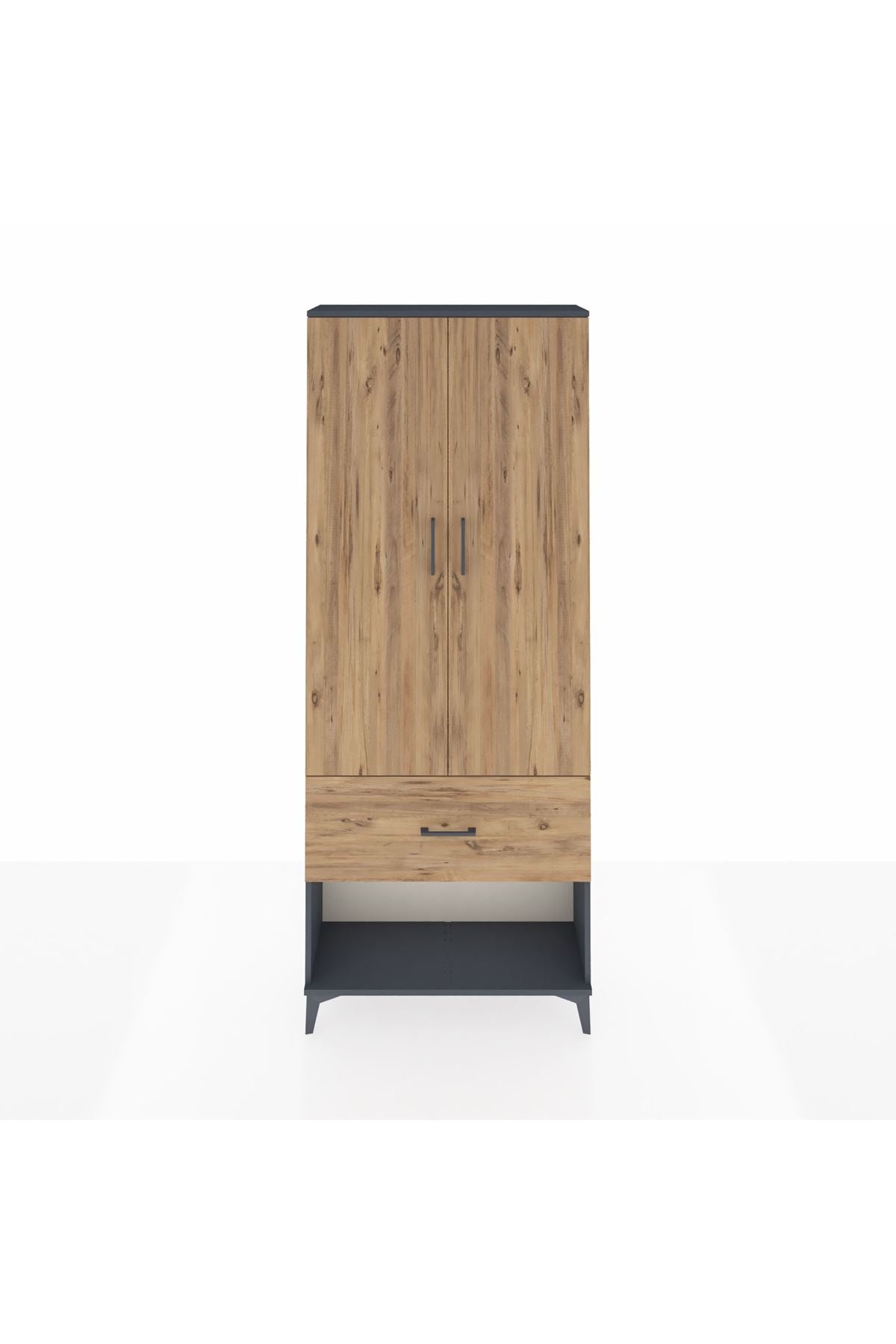Arges Dolap 2 Raflı Tek Çekmeceli Tek Askılı 88x30x221 Antrasit-Çam