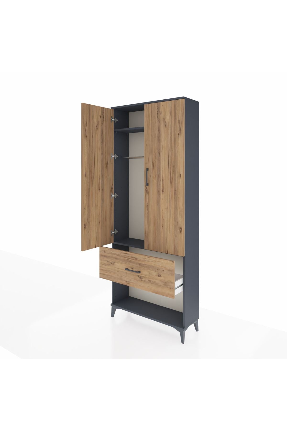 Arges Dolap 2 Raflı Tek Çekmeceli Tek Askılı 88x30x221 Antrasit-Çam