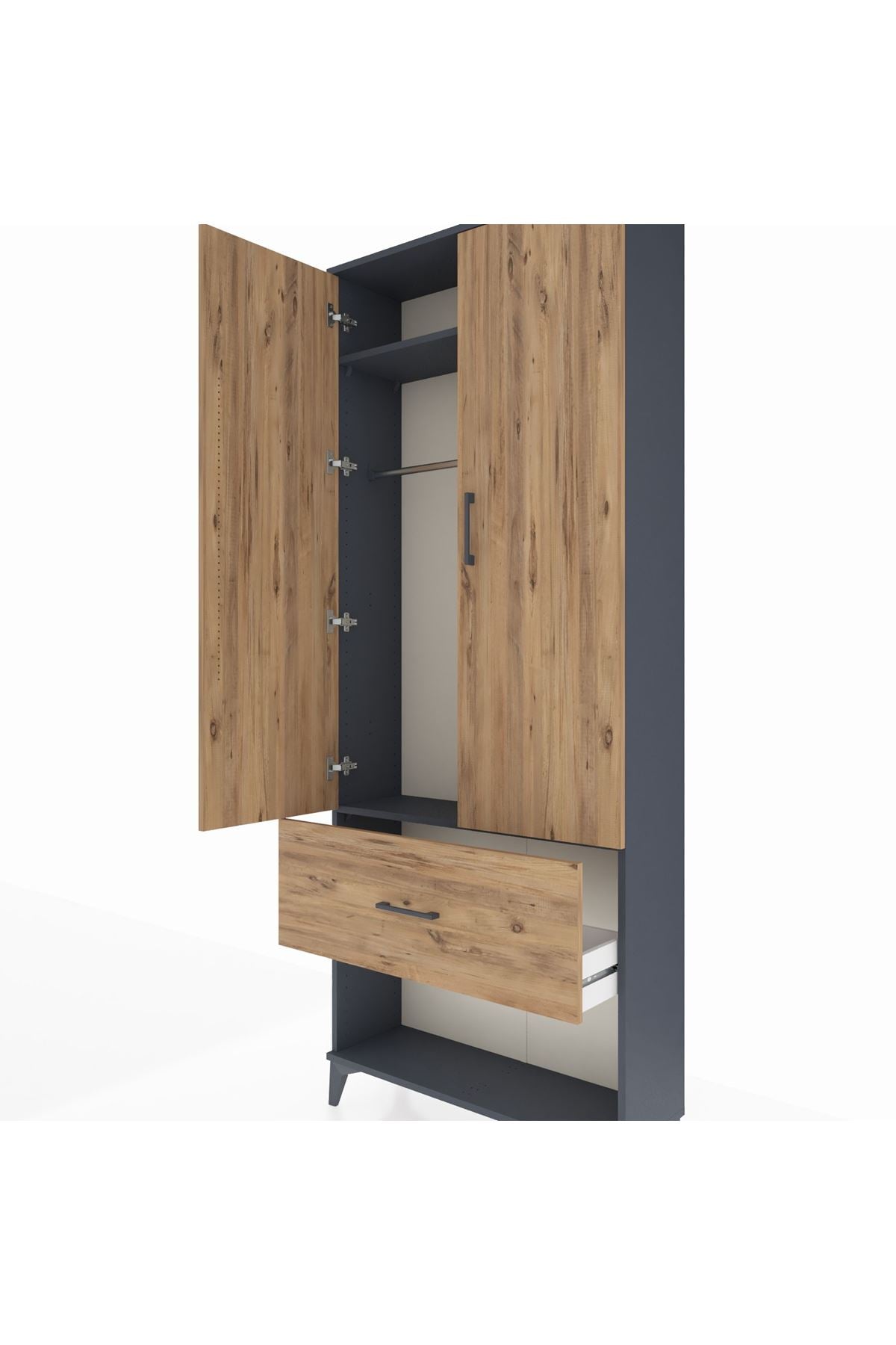 Arges Dolap 2 Raflı Tek Çekmeceli Tek Askılı 88x30x221 Antrasit-Çam