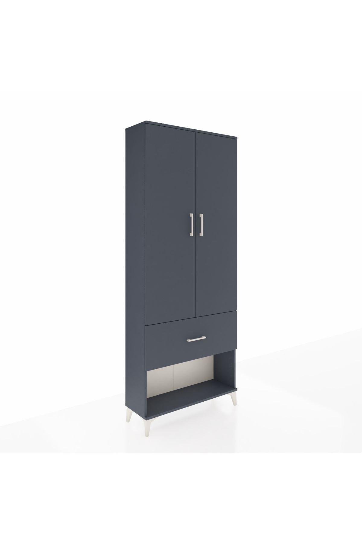 Arges Dolap 3 Raflı Tek Çekmeceli 2 Kapaklı 88x30x221 Antrasit-Antrasit