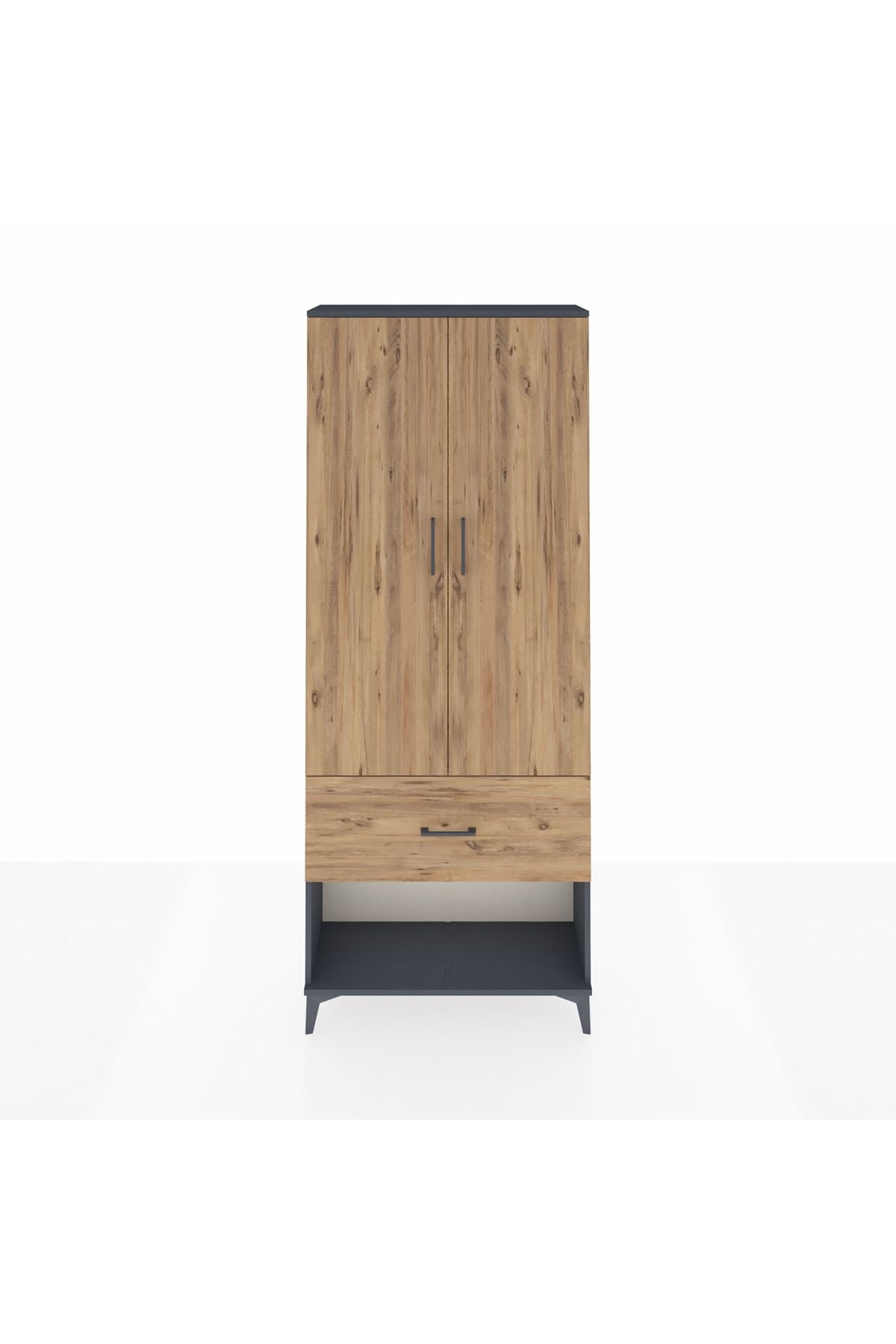 Arges Dolap 3 Raflı Tek Çekmeceli 2 Kapaklı 88x30x221 Antrasit-Çam