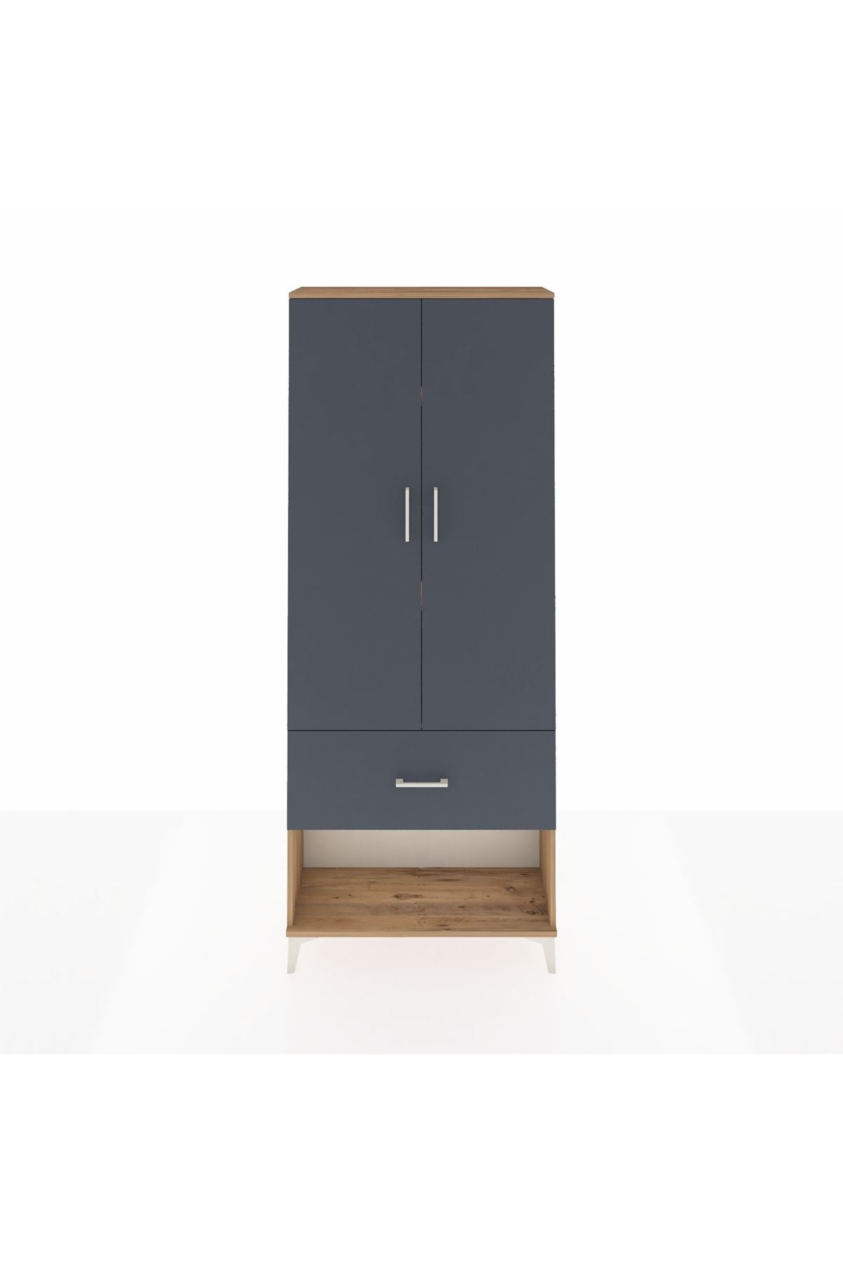 Arges Dolap 3 Raflı Tek Çekmeceli 2 Kapaklı 88x30x221 Çam-Antrasit