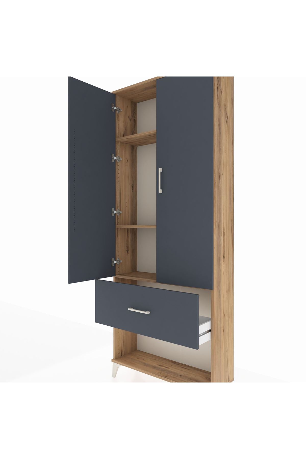 Arges Dolap 3 Raflı Tek Çekmeceli 2 Kapaklı 88x30x221 Çam-Antrasit