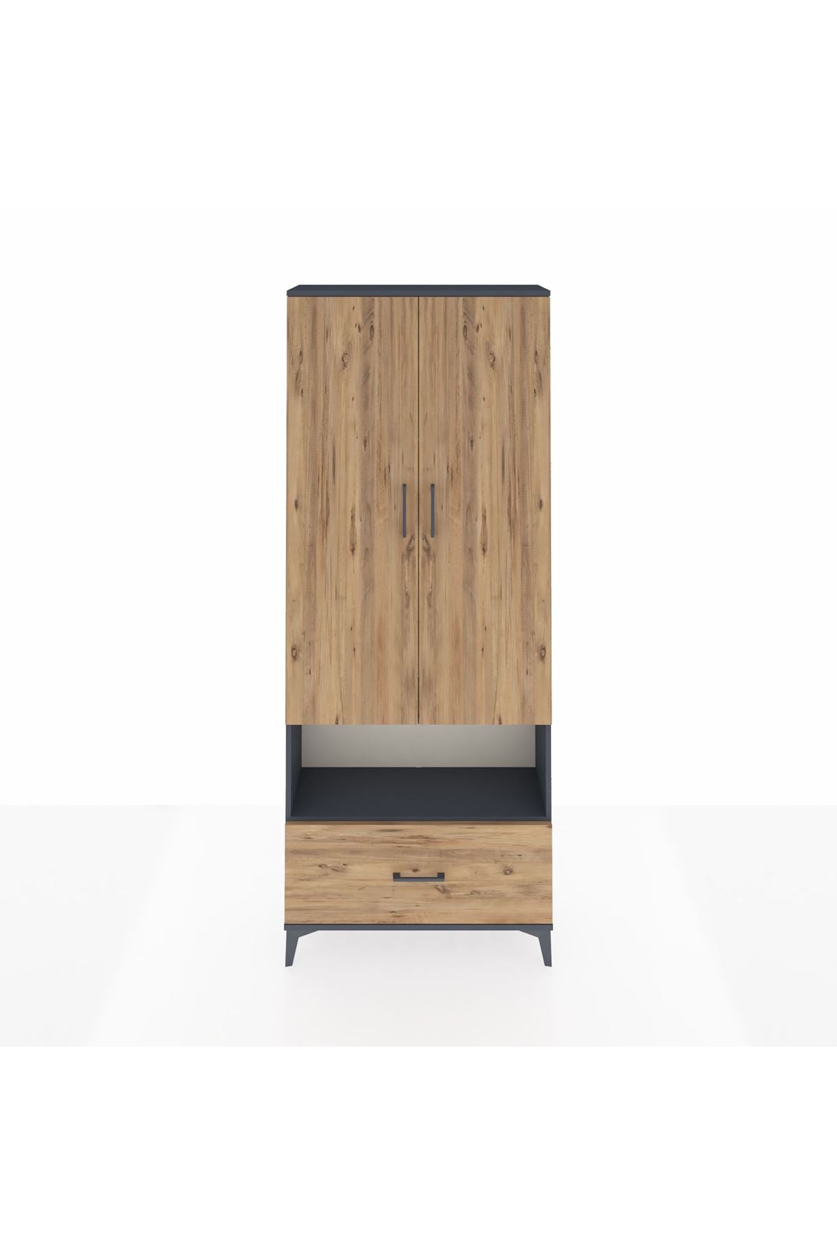 Arges Dolap 3 Raflı Tek Çekmeceli Tek Askılı 88x30x221 Antrasit-Çam